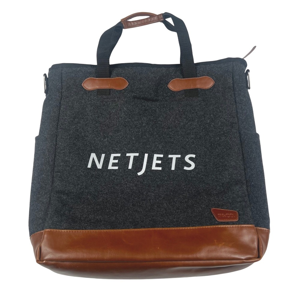 Field & Co NetJets Campster Series Wool Felt Tote Bag Charcoal Brown Plaid Lined